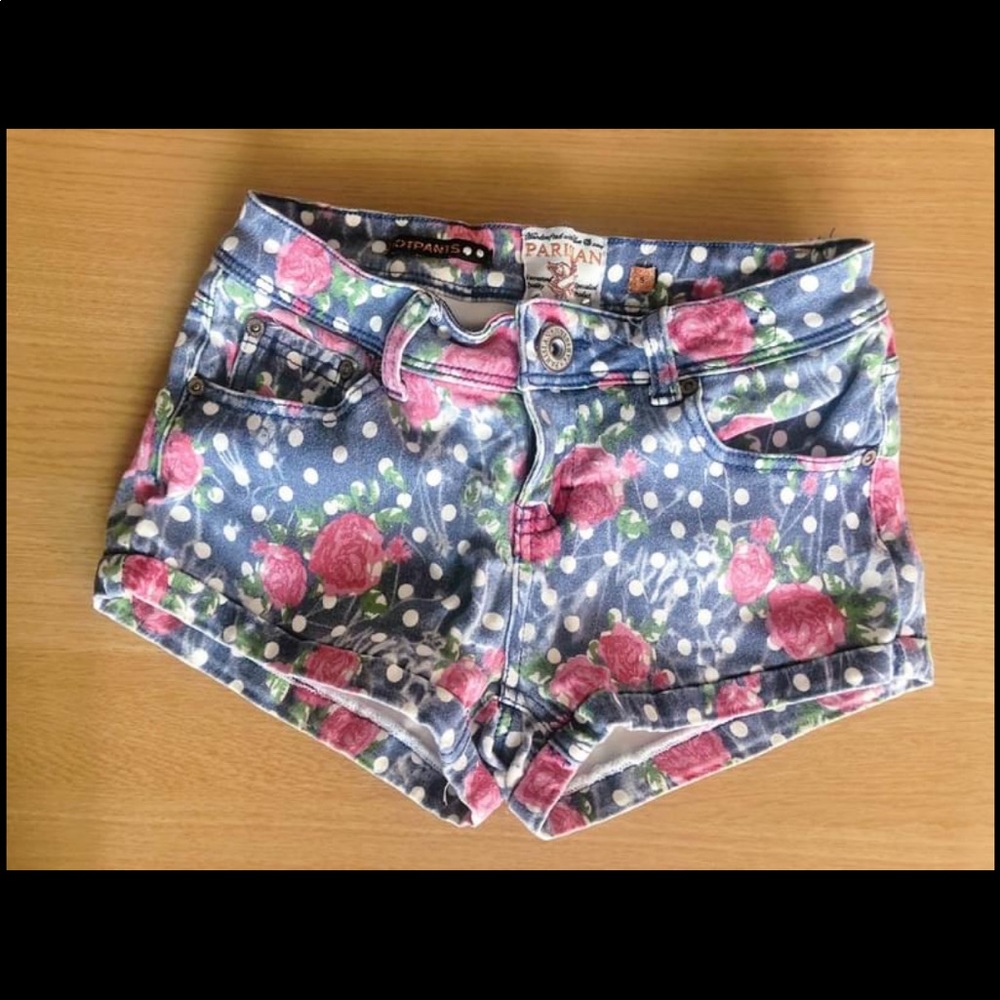 Blue Pink White Polka Dot Floral Rose Shorts